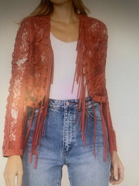 Vocal Jackets & Blazers - Vocal Women's  Red Brick Suede Lace Stitching Fringe Open Tassel Jacket NEW